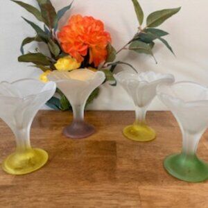 Vintage Frosted Glass Dessert Cups Italy – Colourful Petal Pedestal Compote Set